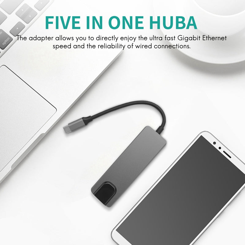 Portable Type-C Docking Station 5-in-1 USB-C Hub Adapter 4K HD Type-C Splitter to RJ45 USB-C USB 3.0 Portable Type-C Docking Station 5-in-1 USB-C Hub Adapter 4K HD Type-C Splitter to RJ45 USB-C USB 3.0